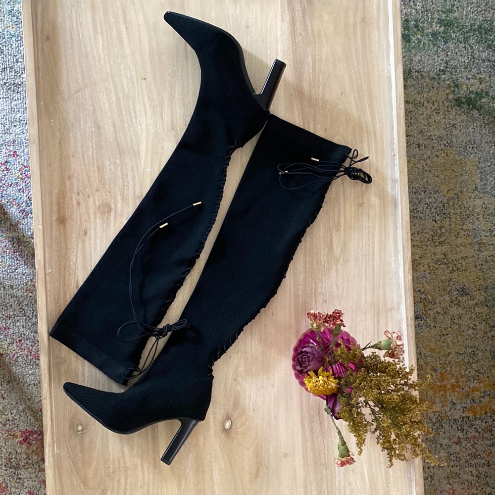 NEVER WORN. Cuccoo Basic Chunky Heeled Lace-Up Back Sock Boots. Size 8.